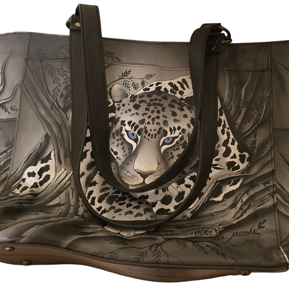 Anuschka Large Gray Leopard Print Leather Tote Bag - Picture 5 of 10